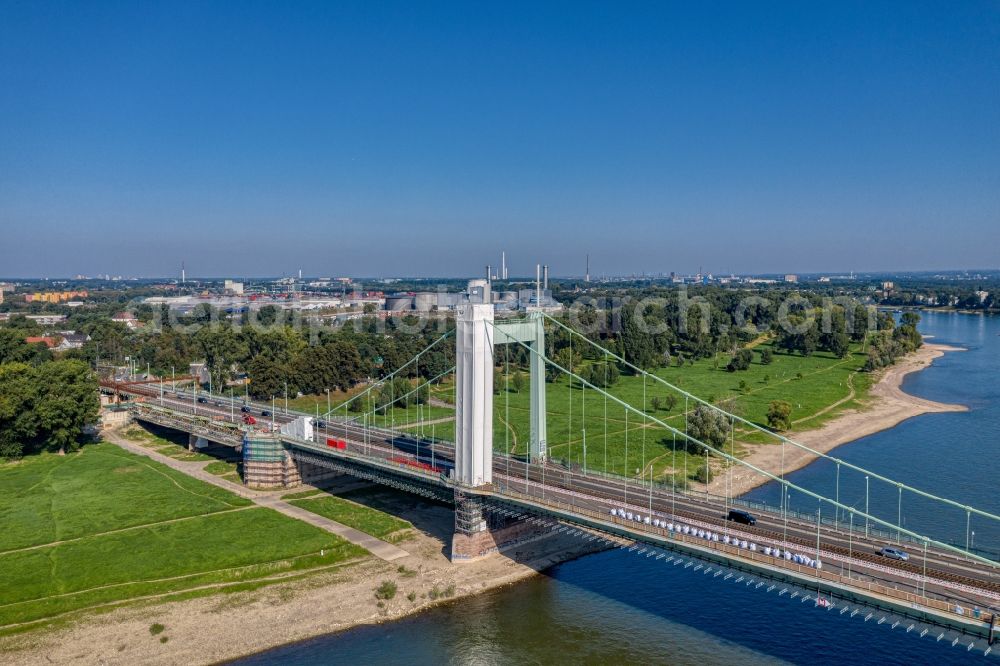 Leverkusen from above - Construction site for the rehabilitation and repair of the motorway bridge construction Leverkusener Rheinbruecke in Leverkusen in the state North Rhine-Westphalia, Germany