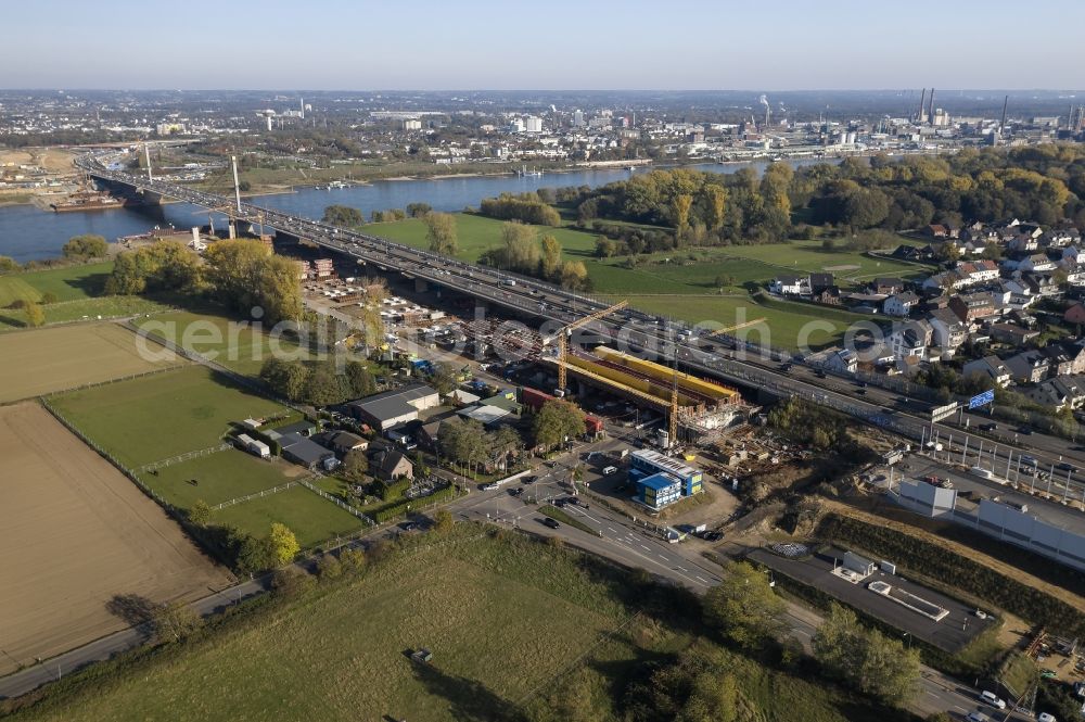 Leverkusen from the bird's eye view: Construction site for the rehabilitation and repair of the motorway bridge construction Leverkusener Rheinbruecke in Leverkusen in the state North Rhine-Westphalia, Germany