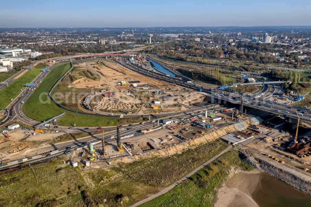 Aerial photograph Leverkusen - Construction site for the rehabilitation and repair of the motorway bridge construction Leverkusener Rheinbruecke in Leverkusen in the state North Rhine-Westphalia, Germany