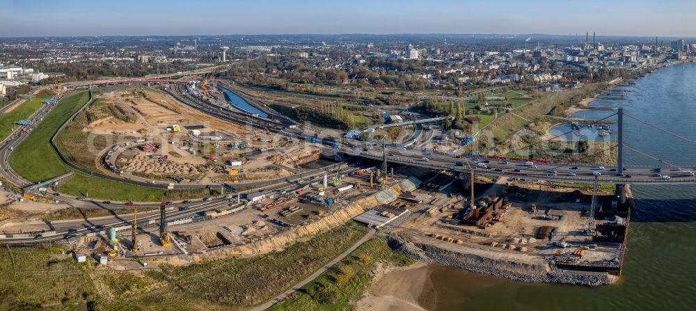 Leverkusen from above - Construction site for the rehabilitation and repair of the motorway bridge construction Leverkusener Rheinbruecke in Leverkusen in the state North Rhine-Westphalia, Germany