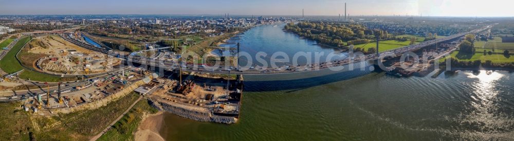 Leverkusen from the bird's eye view: Construction site for the rehabilitation and repair of the motorway bridge construction Leverkusener Rheinbruecke in Leverkusen in the state North Rhine-Westphalia, Germany