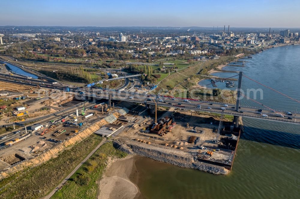 Aerial image Leverkusen - Construction site for the rehabilitation and repair of the motorway bridge construction Leverkusener Rheinbruecke in Leverkusen in the state North Rhine-Westphalia, Germany