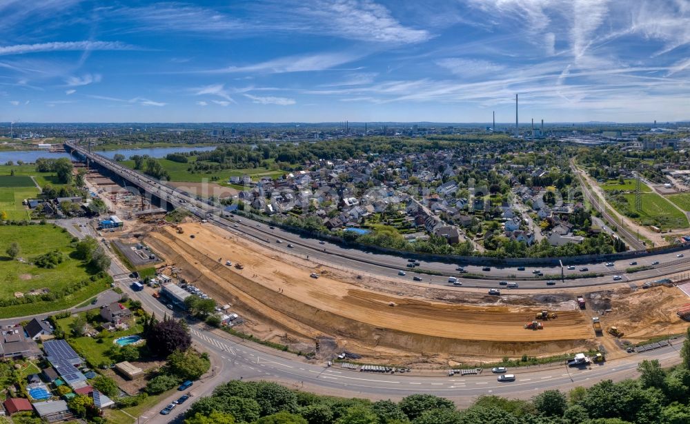 Aerial photograph Leverkusen - Construction site for the rehabilitation and repair of the motorway bridge construction Leverkusener Rheinbruecke in Leverkusen in the state North Rhine-Westphalia, Germany