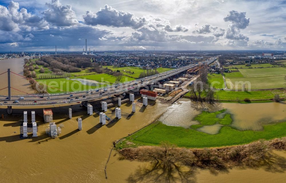 Aerial image Leverkusen - Construction site for the rehabilitation and repair of the motorway bridge construction Leverkusener Rheinbruecke in Leverkusen in the state North Rhine-Westphalia, Germany