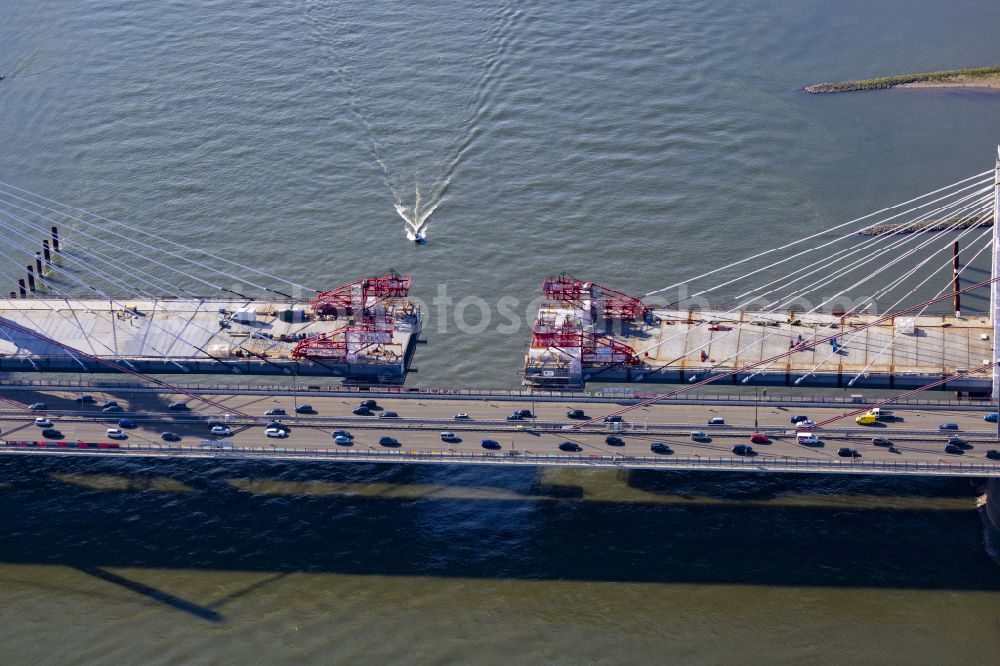 Aerial image Leverkusen - Construction site for the rehabilitation and repair of the motorway bridge construction Leverkusener Rheinbruecke in Leverkusen in the state North Rhine-Westphalia, Germany