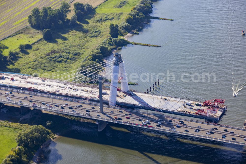 Leverkusen from above - Construction site for the rehabilitation and repair of the motorway bridge construction Leverkusener Rheinbruecke in Leverkusen in the state North Rhine-Westphalia, Germany