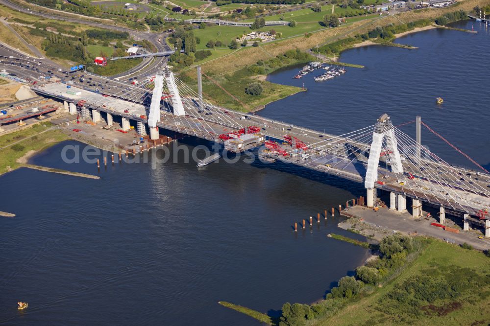 Leverkusen from the bird's eye view: Construction site for the rehabilitation and repair of the motorway bridge construction Leverkusener Rheinbruecke in Leverkusen in the state North Rhine-Westphalia, Germany