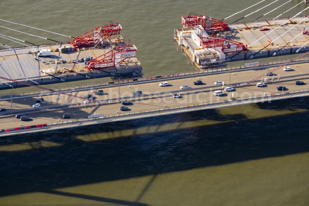 Aerial image Leverkusen - Construction site for the rehabilitation and repair of the motorway bridge construction Leverkusener Rheinbruecke in Leverkusen in the state North Rhine-Westphalia, Germany