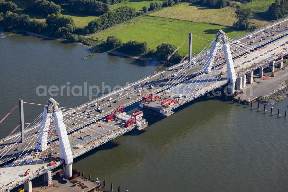 Leverkusen from above - Construction site for the rehabilitation and repair of the motorway bridge construction Leverkusener Rheinbruecke in Leverkusen in the state North Rhine-Westphalia, Germany