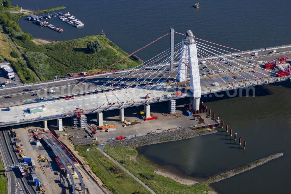 Leverkusen from the bird's eye view: Construction site for the rehabilitation and repair of the motorway bridge construction Leverkusener Rheinbruecke in Leverkusen in the state North Rhine-Westphalia, Germany