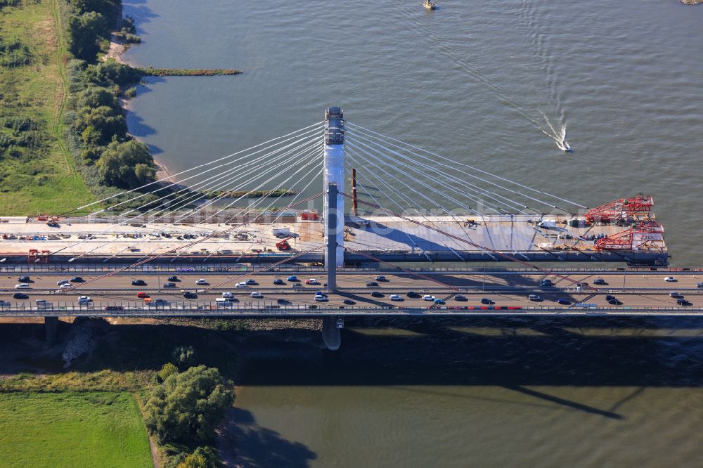 Aerial image Leverkusen - Construction site for the renovation, renewal and repair of the motorway bridge structure of the BAB A1 Leverkusen Rhine Bridge in Leverkusen in the federal state of North Rhine-Westphalia, Germany. Further information from: Autobahn GmbH des Bundes Westfalen Zweigniederlassung, HOCHTIEF Aktiengesellschaft AG, Landesbetrieb Strassenbau Nordrhein-Westfalen, PORR Deutschland GmbH, SEH Engineering GmbH