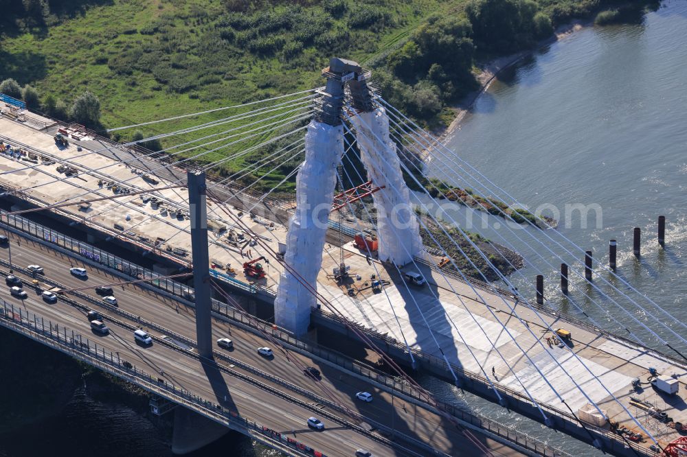 Leverkusen from above - Construction site for the renovation, renewal and repair of the motorway bridge structure of the BAB A1 Leverkusen Rhine Bridge in Leverkusen in the federal state of North Rhine-Westphalia, Germany. Further information from: Autobahn GmbH des Bundes Westfalen Zweigniederlassung, HOCHTIEF Aktiengesellschaft AG, Landesbetrieb Strassenbau Nordrhein-Westfalen, PORR Deutschland GmbH, SEH Engineering GmbH