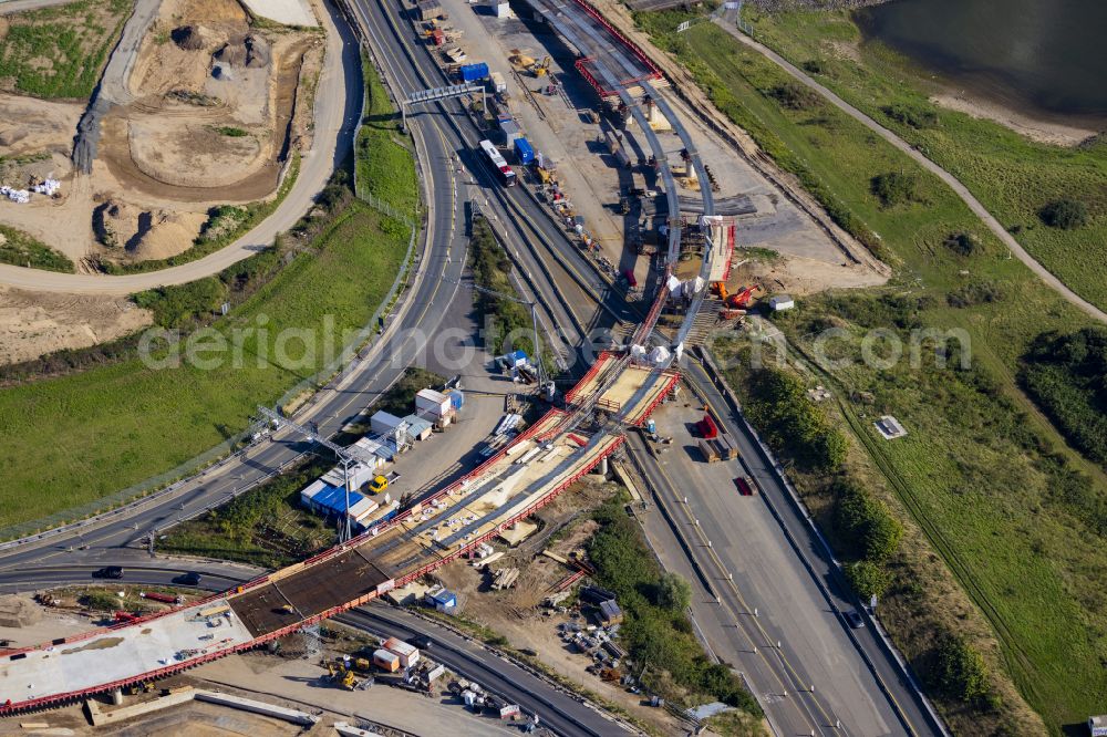 Leverkusen from above - Construction site for the renovation, renewal and repair of the motorway bridge structure of the BAB A1 Leverkusen Rhine Bridge in Leverkusen in the federal state of North Rhine-Westphalia, Germany. Further information from: Autobahn GmbH des Bundes Westfalen Zweigniederlassung, HOCHTIEF Aktiengesellschaft AG, Landesbetrieb Strassenbau Nordrhein-Westfalen, PORR Deutschland GmbH, SEH Engineering GmbH