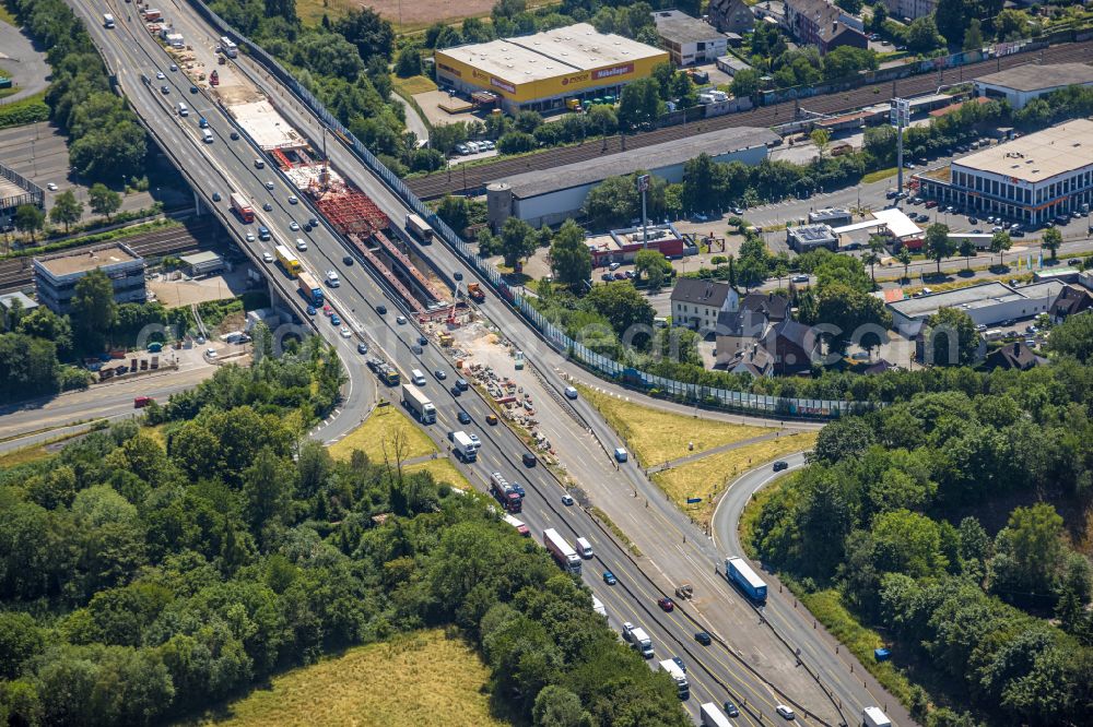 Schwelm from the bird's eye view: Construction site for the rehabilitation and repair of the motorway bridge construction Schwelmtalbruecke on street Dieselstrasse in the district Langerfeld-Beyenburg in Schwelm in the state North Rhine-Westphalia, Germany