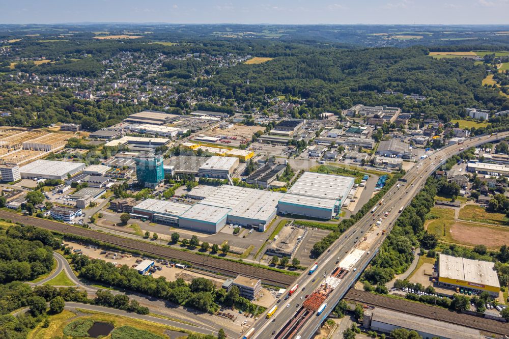 Aerial photograph Schwelm - Construction site for the rehabilitation and repair of the motorway bridge construction Schwelmtalbruecke on street Dieselstrasse in the district Langerfeld-Beyenburg in Schwelm in the state North Rhine-Westphalia, Germany