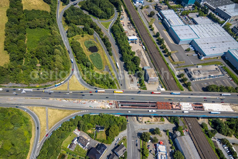 Schwelm from above - Construction site for the rehabilitation and repair of the motorway bridge construction Schwelmtalbruecke on street Dieselstrasse in the district Langerfeld-Beyenburg in Schwelm in the state North Rhine-Westphalia, Germany