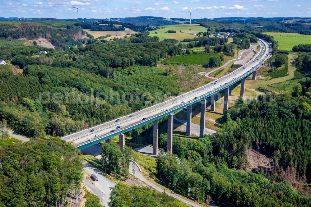 Hagen from the bird's eye view: Construction site for the rehabilitation and repair of the motorway bridge construction Talbruecke Brunsbecke of motorway BAB A45 in the district Dahl in Hagen in the state North Rhine-Westphalia, Germany