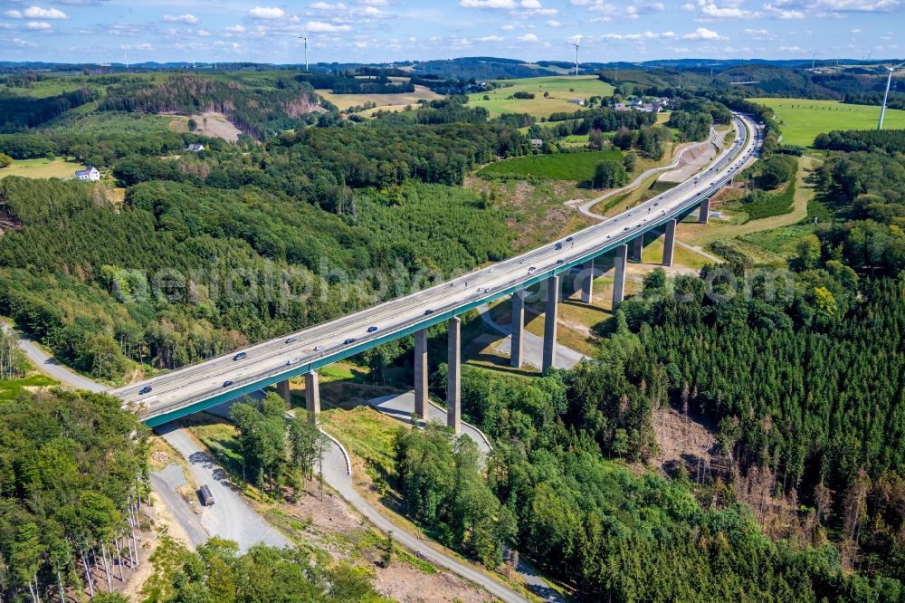 Aerial image Hagen - Construction site for the rehabilitation and repair of the motorway bridge construction Talbruecke Brunsbecke of motorway BAB A45 in the district Dahl in Hagen in the state North Rhine-Westphalia, Germany