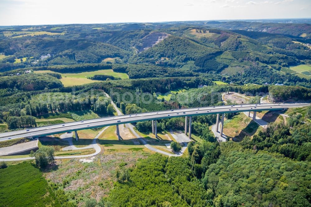 Hagen from above - Construction site for the rehabilitation and repair of the motorway bridge construction Talbruecke Brunsbecke of motorway BAB A45 in the district Dahl in Hagen in the state North Rhine-Westphalia, Germany