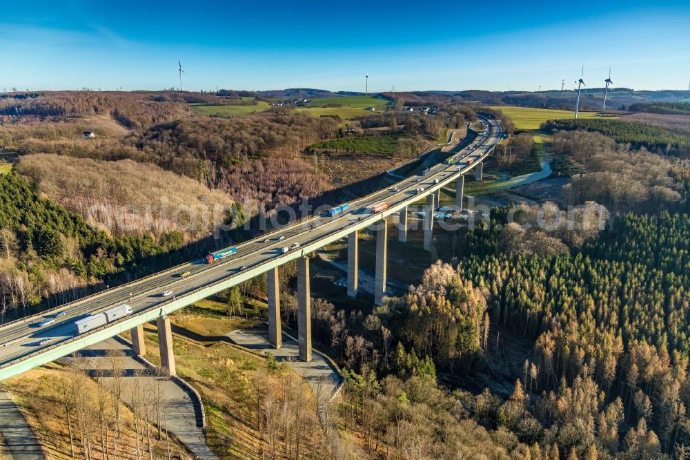 Hagen from above - Construction site for the rehabilitation and repair of the motorway bridge construction Talbruecke Brunsbecke of motorway BAB A45 in the district Dahl in Hagen at Ruhrgebiet in the state North Rhine-Westphalia, Germany