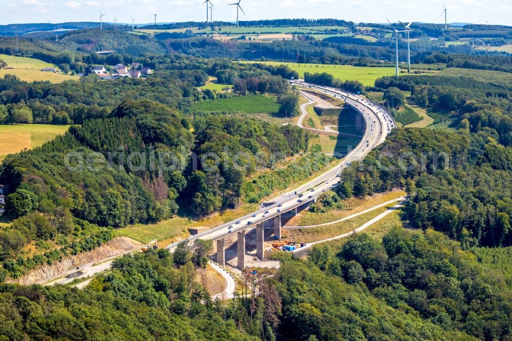 Hagen from above - Construction site for the rehabilitation and repair of the motorway bridge construction Talbruecke Kattenohl of motorway BAB A45 in the district Dahl in Hagen in the state North Rhine-Westphalia, Germany