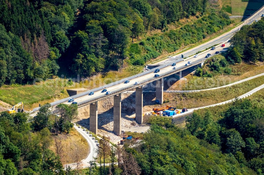 Hagen from the bird's eye view: Construction site for the rehabilitation and repair of the motorway bridge construction Talbruecke Kattenohl of motorway BAB A45 in the district Dahl in Hagen in the state North Rhine-Westphalia, Germany