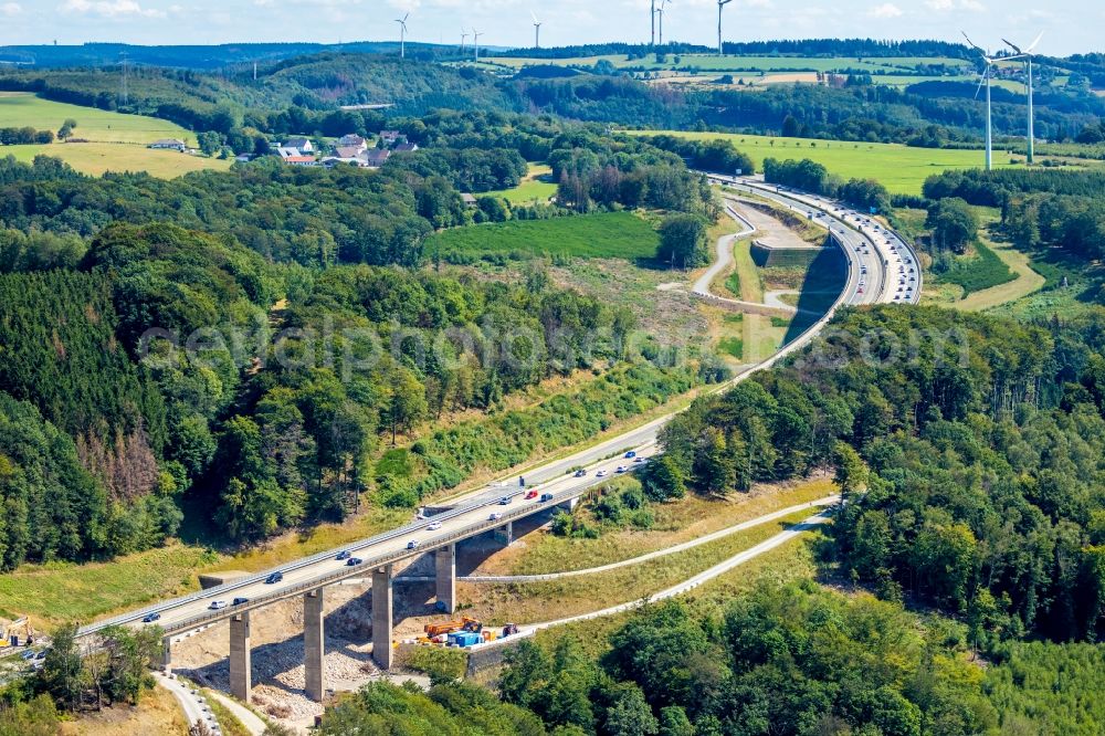 Aerial image Hagen - Construction site for the rehabilitation and repair of the motorway bridge construction Talbruecke Kattenohl of motorway BAB A45 in the district Dahl in Hagen in the state North Rhine-Westphalia, Germany