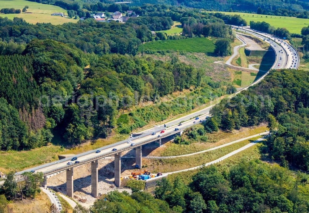 Aerial photograph Hagen - Construction site for the rehabilitation and repair of the motorway bridge construction Talbruecke Kattenohl of motorway BAB A45 in the district Dahl in Hagen in the state North Rhine-Westphalia, Germany