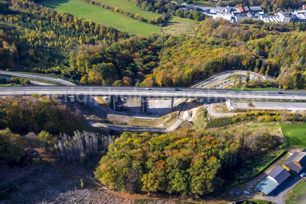 Hagen from above - Construction site for the rehabilitation and repair of the motorway bridge construction Talbruecke Kattenohl of motorway BAB A45 in Hagen at Ruhrgebiet in the state North Rhine-Westphalia, Germany