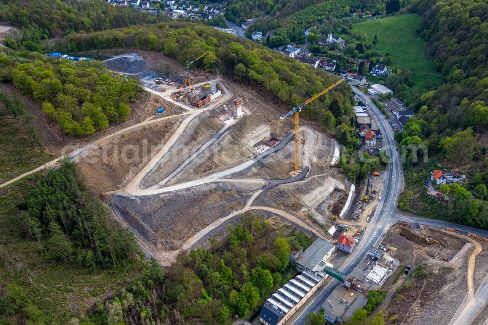 Oberrahmede from above - Construction site for the rehabilitation and repair of the motorway bridge construction Talbruecke Rahmede on street Altenaer Strasse on street BAB A49 in Oberrahmede at Sauerland in the state North Rhine-Westphalia, Germany