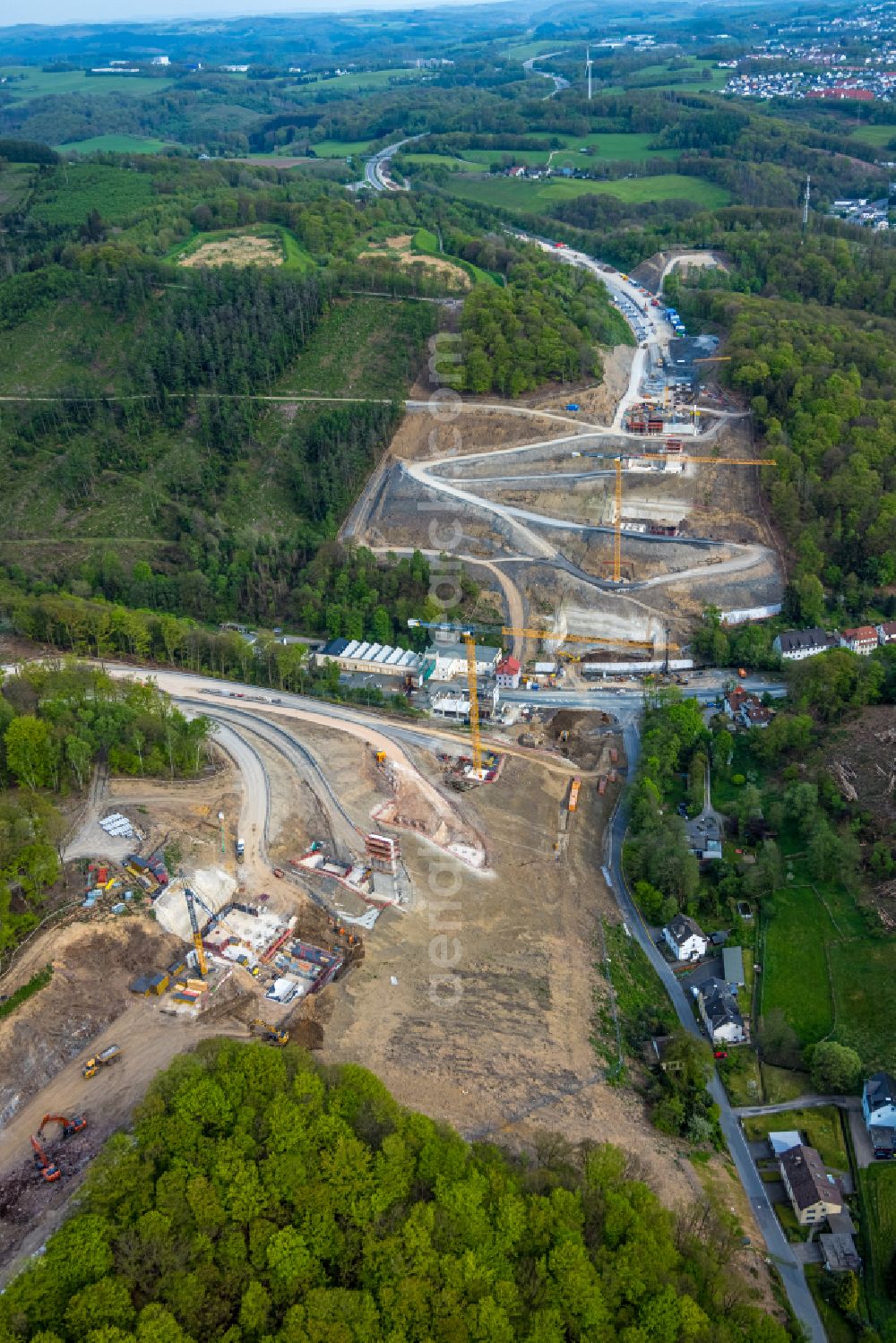Oberrahmede from the bird's eye view: Construction site for the rehabilitation and repair of the motorway bridge construction Talbruecke Rahmede on street Altenaer Strasse on street BAB A49 in Oberrahmede at Sauerland in the state North Rhine-Westphalia, Germany