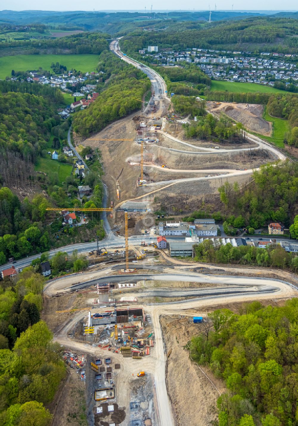 Oberrahmede from above - Construction site for the rehabilitation and repair of the motorway bridge construction Talbruecke Rahmede on street Altenaer Strasse on street BAB A49 in Oberrahmede at Sauerland in the state North Rhine-Westphalia, Germany