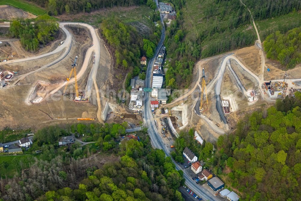 Aerial image Oberrahmede - Construction site for the rehabilitation and repair of the motorway bridge construction Talbruecke Rahmede on street Altenaer Strasse on street BAB A49 in Oberrahmede at Sauerland in the state North Rhine-Westphalia, Germany