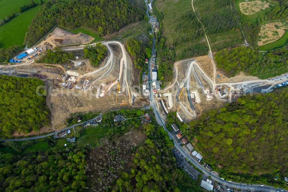 Oberrahmede from the bird's eye view: Construction site for the rehabilitation and repair of the motorway bridge construction Talbruecke Rahmede on street Altenaer Strasse on street BAB A49 in Oberrahmede at Sauerland in the state North Rhine-Westphalia, Germany
