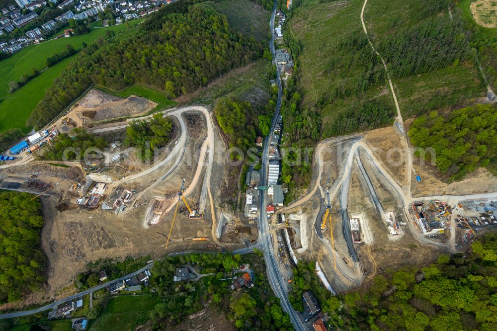 Aerial image Oberrahmede - Construction site for the rehabilitation and repair of the motorway bridge construction Talbruecke Rahmede on street Altenaer Strasse on street BAB A49 in Oberrahmede at Sauerland in the state North Rhine-Westphalia, Germany