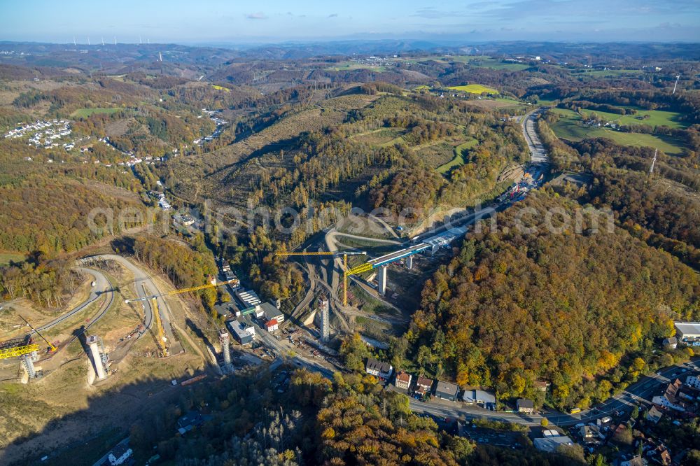 Aerial image Oberrahmede - Construction site for the rehabilitation and repair of the motorway bridge construction Talbruecke Rahmede on street Altenaer Strasse on street BAB A49 in Oberrahmede at Sauerland in the state North Rhine-Westphalia, Germany