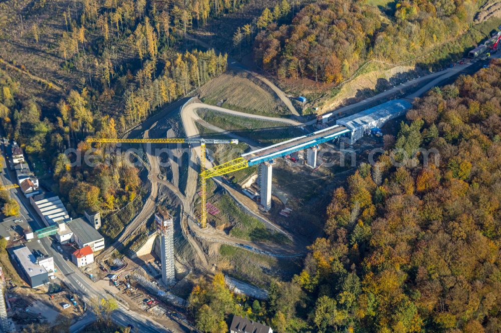 Aerial photograph Oberrahmede - Construction site for the rehabilitation and repair of the motorway bridge construction Talbruecke Rahmede on street Altenaer Strasse on street BAB A49 in Oberrahmede at Sauerland in the state North Rhine-Westphalia, Germany