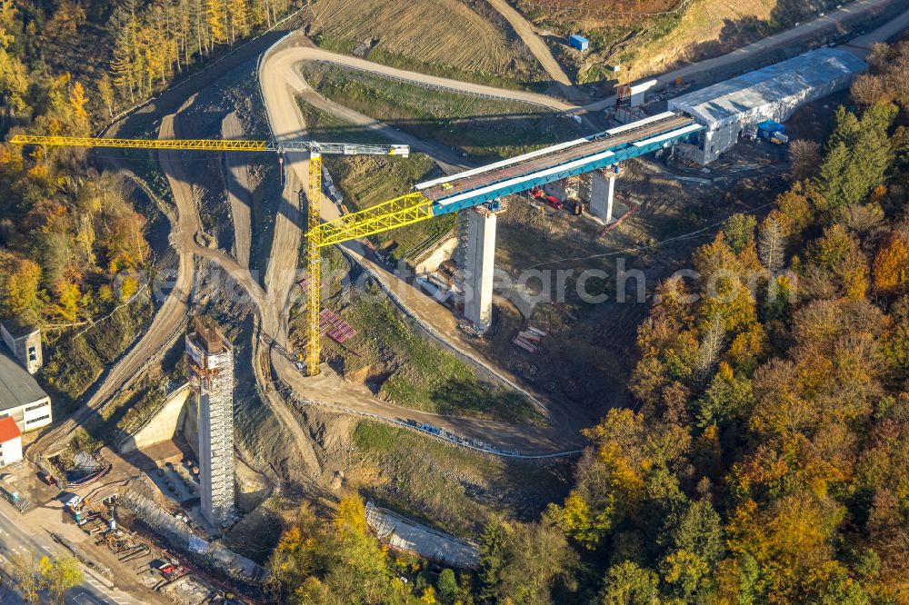 Oberrahmede from above - Construction site for the rehabilitation and repair of the motorway bridge construction Talbruecke Rahmede on street Altenaer Strasse on street BAB A49 in Oberrahmede at Sauerland in the state North Rhine-Westphalia, Germany