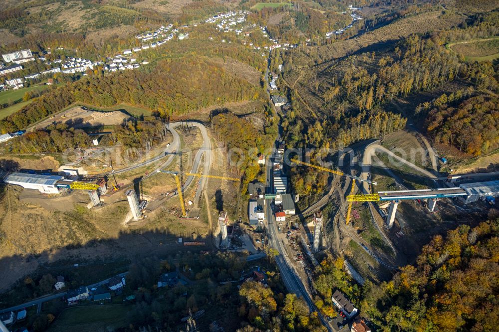 Oberrahmede from the bird's eye view: Construction site for the rehabilitation and repair of the motorway bridge construction Talbruecke Rahmede on street Altenaer Strasse on street BAB A49 in Oberrahmede at Sauerland in the state North Rhine-Westphalia, Germany