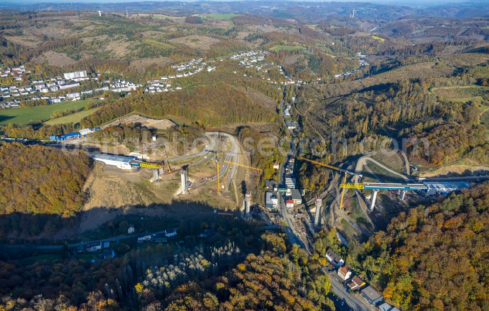 Aerial image Oberrahmede - Construction site for the rehabilitation and repair of the motorway bridge construction Talbruecke Rahmede on street Altenaer Strasse on street BAB A49 in Oberrahmede at Sauerland in the state North Rhine-Westphalia, Germany