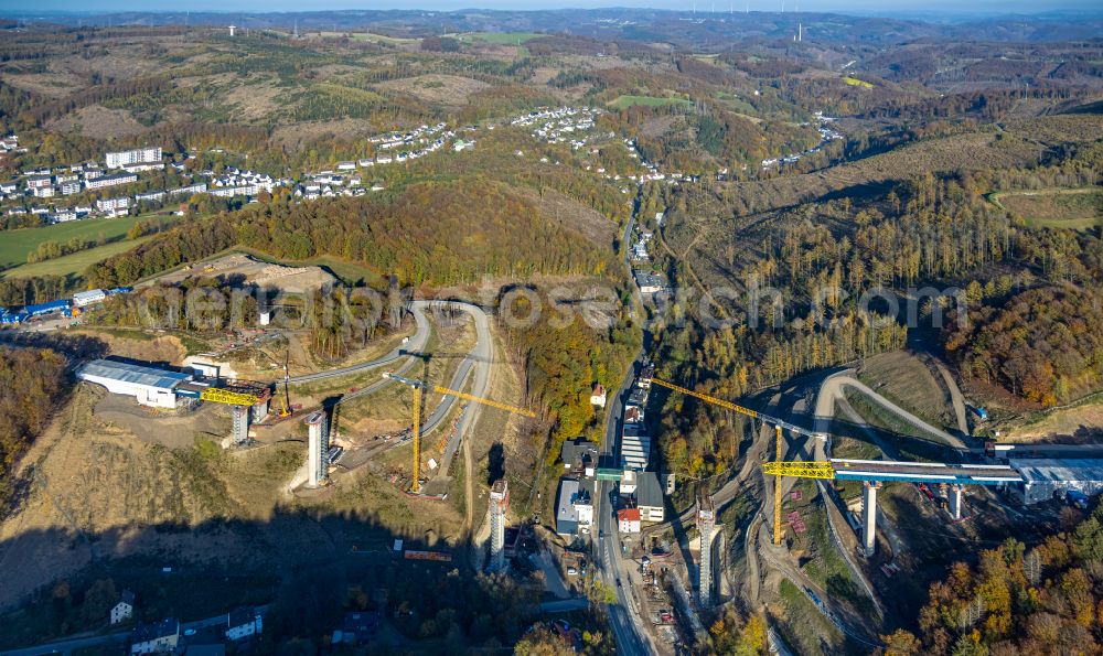 Aerial photograph Oberrahmede - Construction site for the rehabilitation and repair of the motorway bridge construction Talbruecke Rahmede on street Altenaer Strasse on street BAB A49 in Oberrahmede at Sauerland in the state North Rhine-Westphalia, Germany