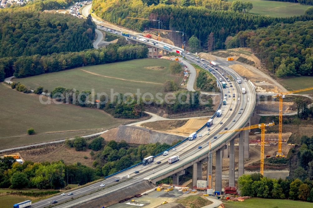 Rinsdorf from above - Construction site for the rehabilitation and repair of the motorway bridge construction Talbruecke Rinsdorf in Rinsdorf in the state North Rhine-Westphalia, Germany