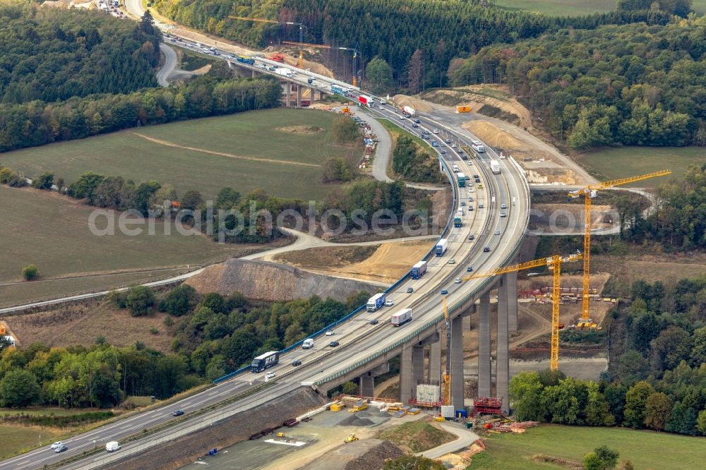 Aerial image Rinsdorf - Construction site for the rehabilitation and repair of the motorway bridge construction Talbruecke Rinsdorf in Rinsdorf in the state North Rhine-Westphalia, Germany