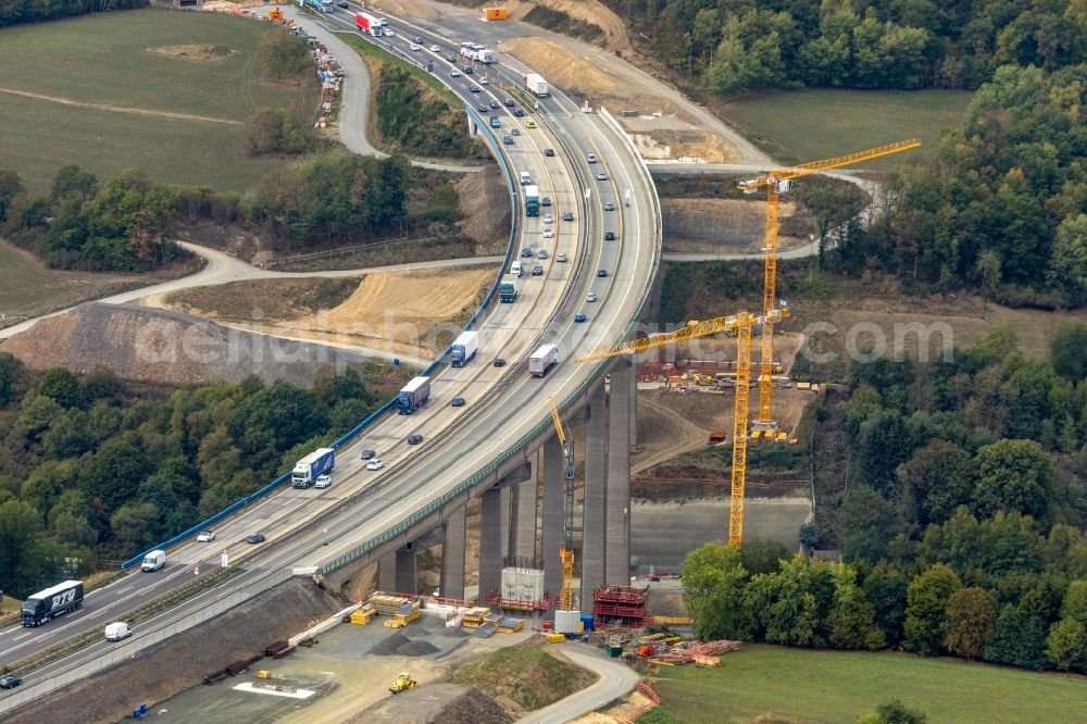 Aerial photograph Rinsdorf - Construction site for the rehabilitation and repair of the motorway bridge construction Talbruecke Rinsdorf in Rinsdorf in the state North Rhine-Westphalia, Germany