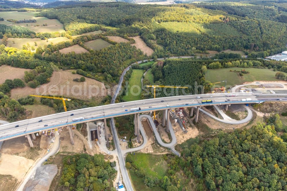 Rinsdorf from above - Construction site for the rehabilitation and repair of the motorway bridge construction Talbruecke Rinsdorf in Rinsdorf in the state North Rhine-Westphalia, Germany