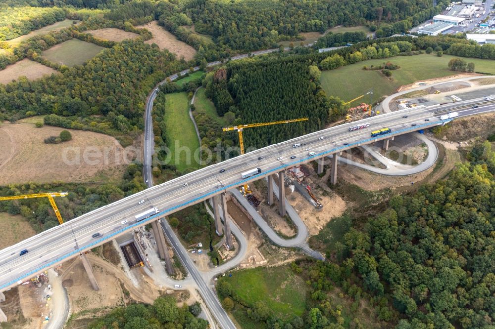 Rinsdorf from the bird's eye view: Construction site for the rehabilitation and repair of the motorway bridge construction Talbruecke Rinsdorf in Rinsdorf in the state North Rhine-Westphalia, Germany