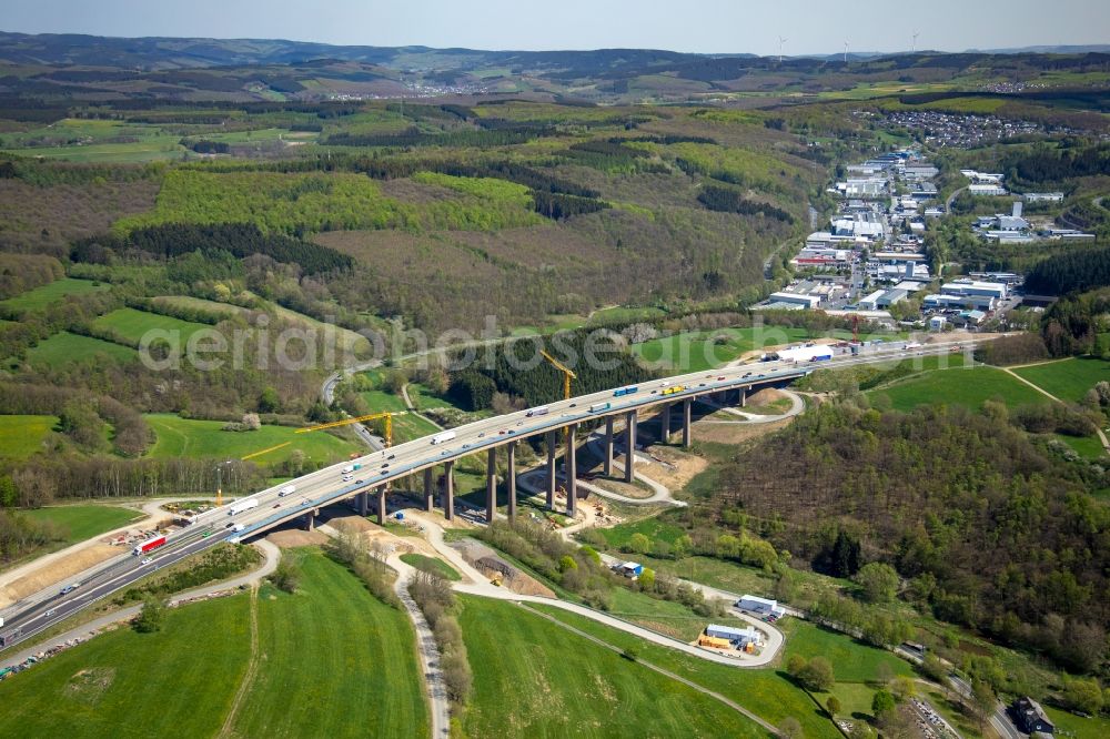 Rinsdorf from the bird's eye view: Construction site for the rehabilitation and repair of the motorway bridge construction Talbruecke Rinsdorf in Rinsdorf at Siegerland in the state North Rhine-Westphalia, Germany