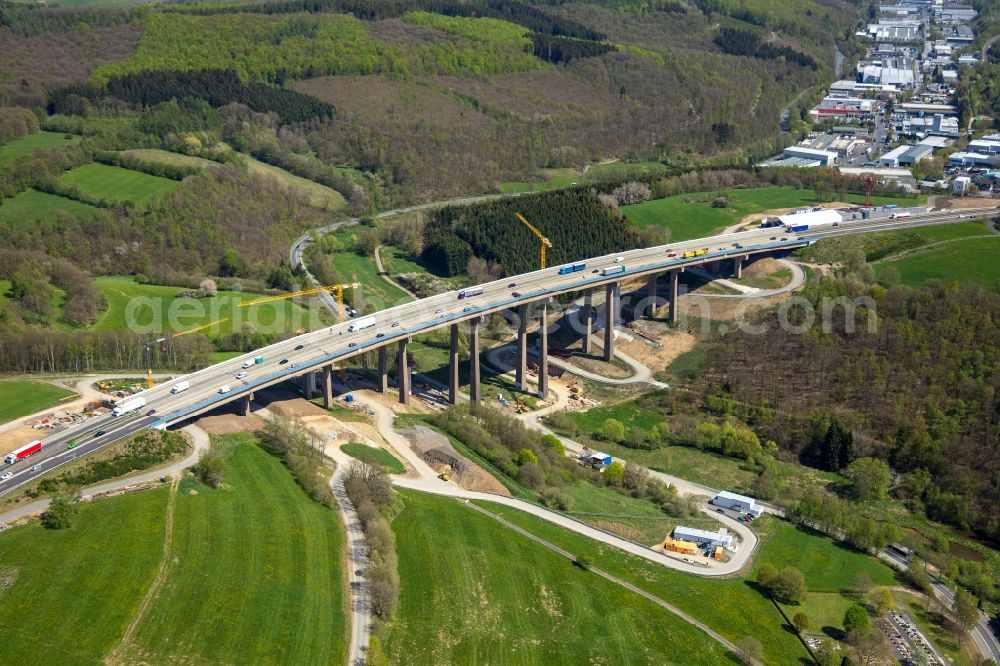 Aerial image Rinsdorf - Construction site for the rehabilitation and repair of the motorway bridge construction Talbruecke Rinsdorf in Rinsdorf at Siegerland in the state North Rhine-Westphalia, Germany