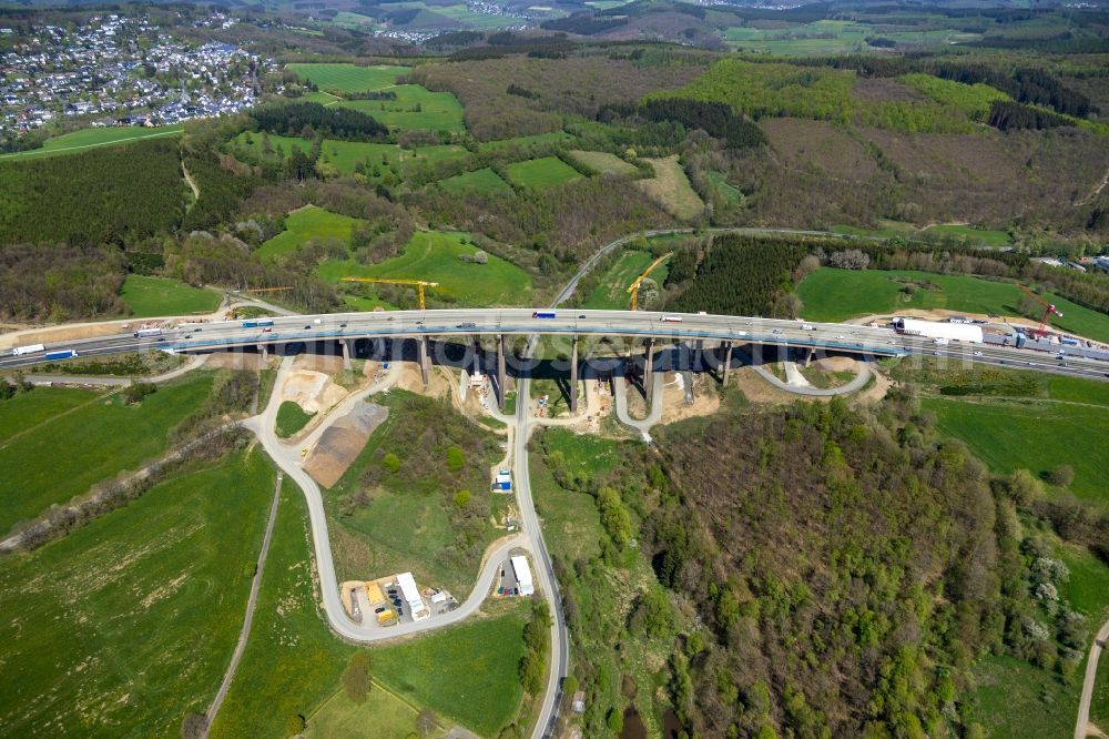 Aerial photograph Rinsdorf - Construction site for the rehabilitation and repair of the motorway bridge construction Talbruecke Rinsdorf in Rinsdorf at Siegerland in the state North Rhine-Westphalia, Germany