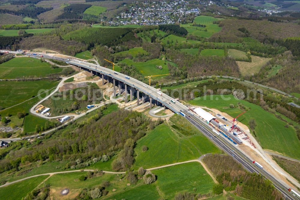 Rinsdorf from the bird's eye view: Construction site for the rehabilitation and repair of the motorway bridge construction Talbruecke Rinsdorf in Rinsdorf at Siegerland in the state North Rhine-Westphalia, Germany